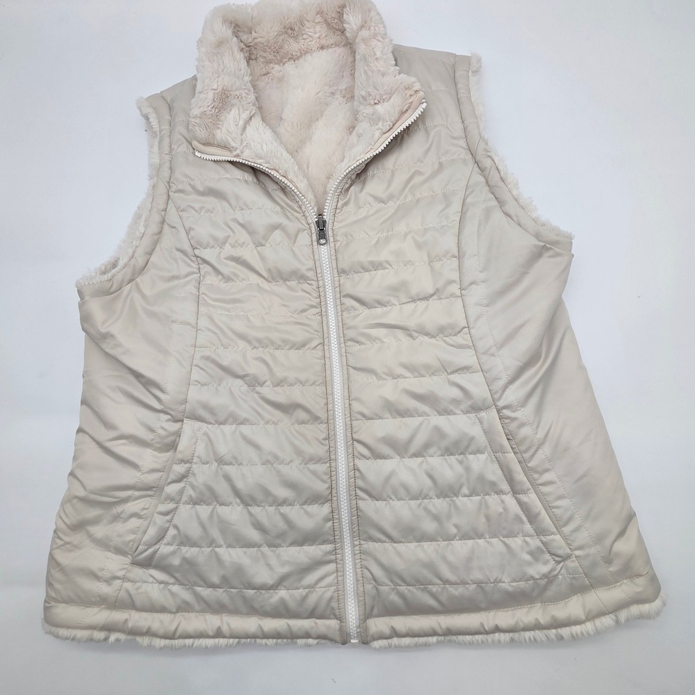 Preppy 32 Degrees Puffer Vest Womens M Cream Reversible Faux Fur Quilted Zip Up